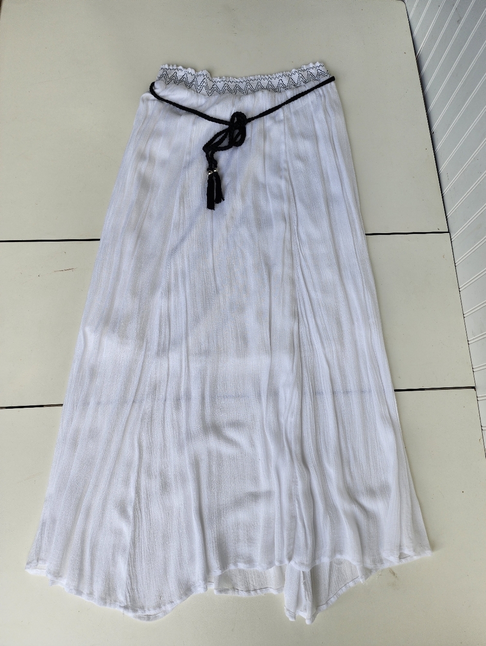 Deja Bleu Premium Woman White Black Rope Tie Belt Midi Skirt Beach Rayon Size L